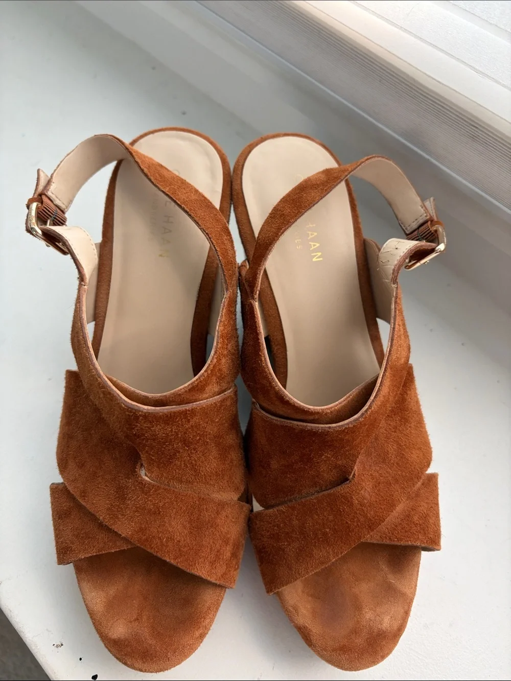 Cole Haan Brown Suede Wedge Sandals with Ankle Strap